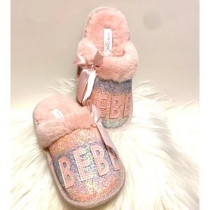 BeBe Pink Glitter Bow Satin Ribbon Sprinkles Slippers Shoes